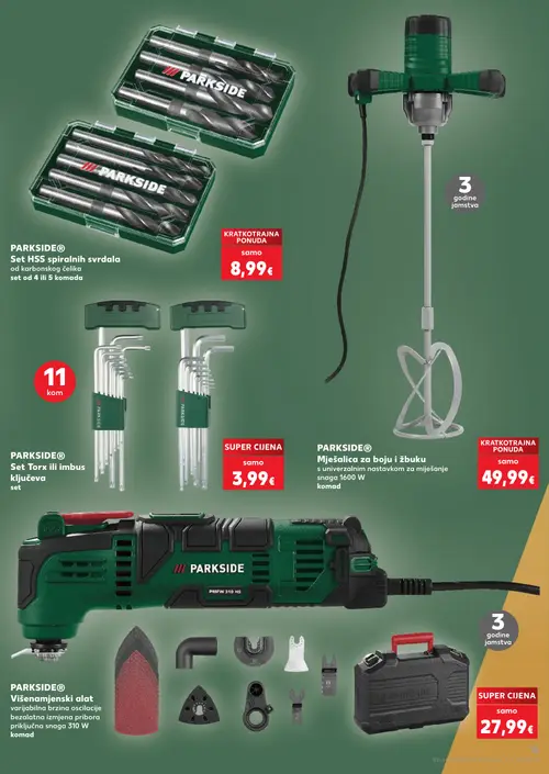 Kaufland katalog — stranica 15: PARKSIDE® Set HSS spiralnih svrdala od karbonskog čelika, set od 4 ili 5 komada, PARKSIDE® Set Torx ili imbus ključeva, PARKSIDE® Mješalica za boju i žbuku s univerzalnim nastavkom za miješanje, snaga 1600 W, PARKSIDE® Višenamjenski alat, varijabilna brzina oscilacije, bezalatna izmjena pribora, priključna snaga 310 W (vrijedi 08. 07. 2026.–14. 07. 2026.)