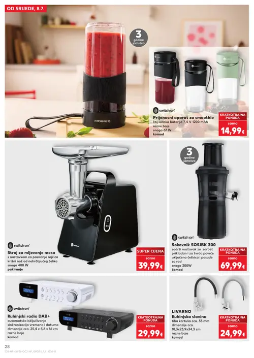 Kaufland katalog — stranica 28: switch on Prijenosni aparat za smoothie, switch on Stroj za mljevenje mesa, switch on Sokovnik SOSJBK 300, switch on Kuhinjski radio DAB+ (vrijedi 08. 07. 2026.–14. 07. 2026.)