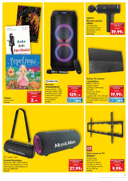 Kaufland katalog — stranica 11: CRIVIT CRIVIT Masažni pištolj CMGB, Sobna TV antena s pojačalom, Knjiga razni naslovi, MANTA Manta Karaoke SPK0802B120 (vrijedi 29. 07. 2026.–05. 08. 2026.)