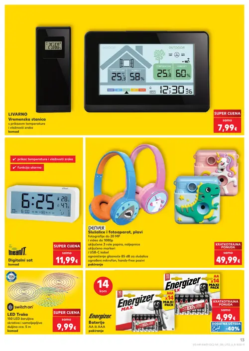 Kaufland katalog — stranica 13: LIVARNO Vremenska stanica, meanIT. Digitalni sat, DENVER Slušalice i fotoaparat, plavi, fotoaparati (vrijedi 29. 07. 2026.–05. 08. 2026.)