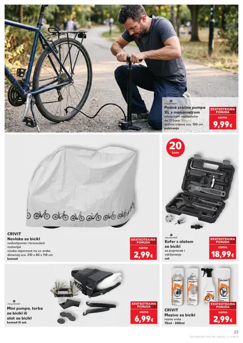 Kaufland katalog — stranica 23: newcential Podna zračna pumpa XL s manometrom, CRIVIT Navlaka za bicikl, newcential Kofer s alatom za bicikl, newcential Mini pumpa, torba za bicikl ili alat za bicikl (vrijedi 29. 07. 2026.–05. 08. 2026.)