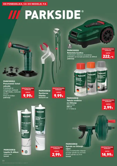 Kaufland katalog — stranica 30: PARKSIDE PARKSIDE® Robotska kosilica s baterijom i stanicom za punjenje, PARKSIDE PARKSIDE® Pneumatski čistač odvoda, PARKSIDE PARKSIDE® Sanitarna kliješta, PARKSIDE PARKSIDE® Tekuće sredstvo za čišćenje razne vrste (vrijedi 29. 07. 2026.–05. 08. 2026.)