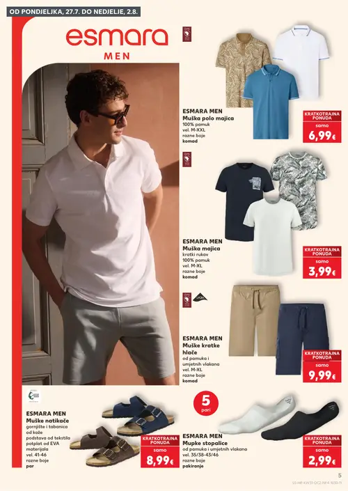 Kaufland katalog — stranica 5: ESMARA MEN ESMARA MEN Muška majica kratki rukav, ESMARA MEN ESMARA MEN Muške kratke hlače, ESMARA MEN ESMARA MEN Mupke stopalice, ESMARA MEN ESMARA MEN Muške natikače (vrijedi 29. 07. 2026.–05. 08. 2026.)