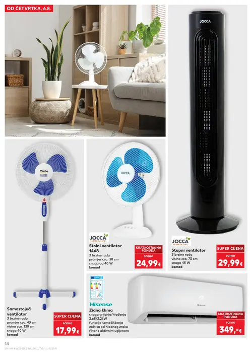 Kaufland katalog — stranica 14: JOCCA Stolni ventilator 1468, JOCCA Stupni ventilator, Samostojeći ventilator, Hisense Zidna klima (vrijedi 06. 08. 2026.–11. 08. 2026.)