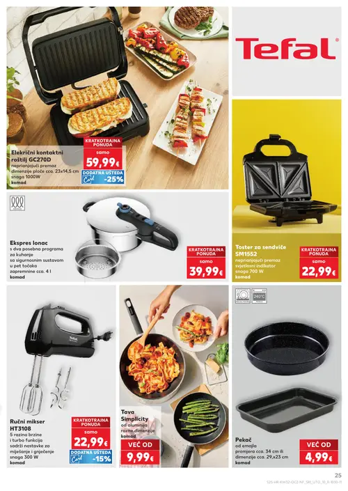 Kaufland katalog — stranica 25: Tefal Električni kontaktni roštilj GC270D, Ekspres lonac, Tefal Toster za sendviče SM1552, Tefal Ručni mikser HT3108 (vrijedi 06. 08. 2026.–11. 08. 2026.)
