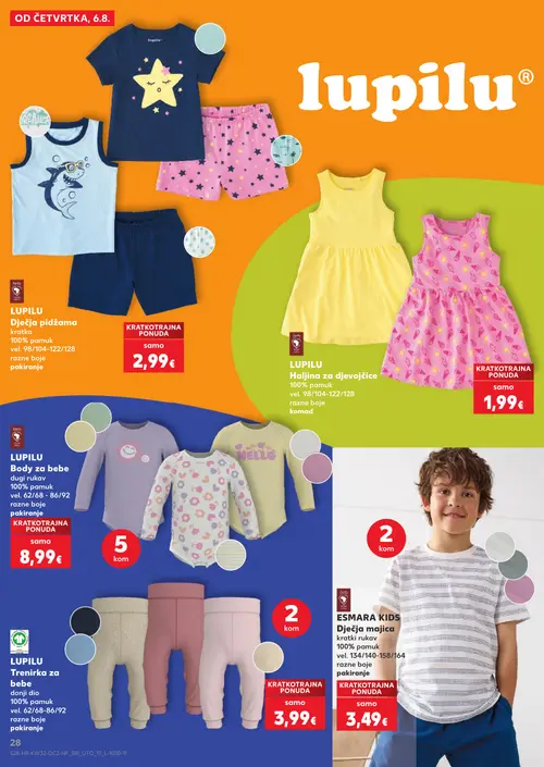 Kaufland katalog — stranica 28: LUPILU Dječja pidžama kratka, LUPILU Haljina za djevojčice, LUPILU Body za bebe dugi rukav, LUPILU Trenirka za bebe (vrijedi 06. 08. 2026.–11. 08. 2026.)