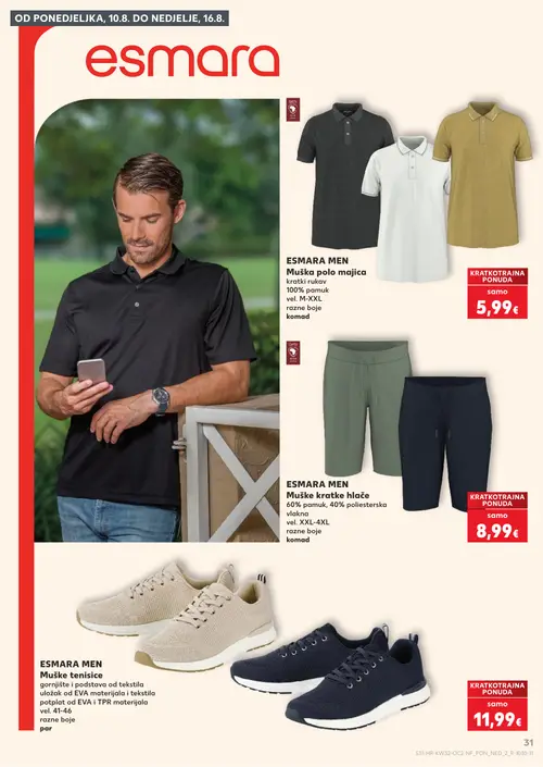 Kaufland katalog — stranica 31: ESMARA MEN Muška polo majica kratki rukav, ESMARA MEN Muške kratke hlače, ESMARA MEN Muške tenisice (vrijedi 06. 08. 2026.–11. 08. 2026.)