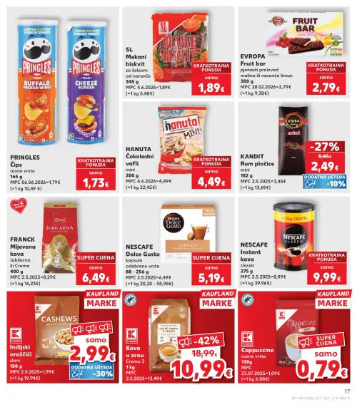 Kaufland katalog — stranica 17: CLASSIC Kava u zrnu Crema 3, KANDIT Kandit Rum pločice mini, FRANCK Franck Kava Mljevena Jubilarna ili Crema (vrijedi 24. 06. 2026.–30. 06. 2026.)