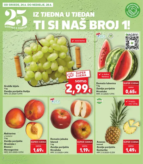 Kaufland katalog — stranica 2: Domaća lubenica, Nektarina u košarici, Ananas komad, Domaća jabuka Idared (vrijedi 24. 06. 2026.–30. 06. 2026.)