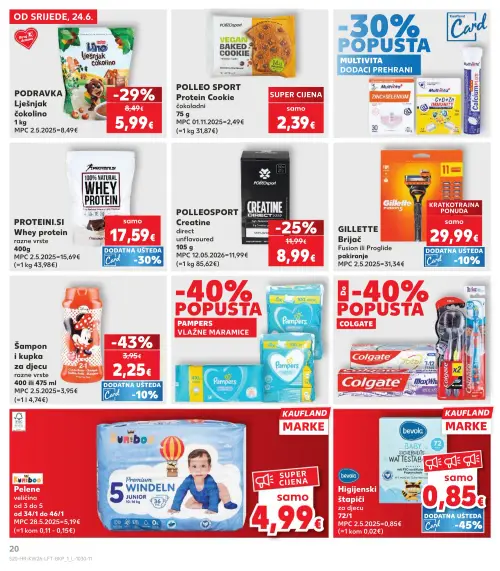 Kaufland katalog — stranica 20: Šampon i kupka za djecu razne vrste, PODRAVKA PODRAVKA Lješnjak čokolino, POLLEOSPORT POLLEOSPORT Creatine direct unflavoured (vrijedi 24. 06. 2026.–30. 06. 2026.)