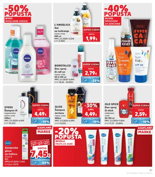 Kaufland katalog — stranica 21: GLISS GLISS Šampon za kosu, L'ANGELICA Gel za tuširanje, BOROTALCO BOROTALCO Deo sprej ili roll on, SYOSS SYOSS Šampon ili regenerator (vrijedi 24. 06. 2026.–30. 06. 2026.)