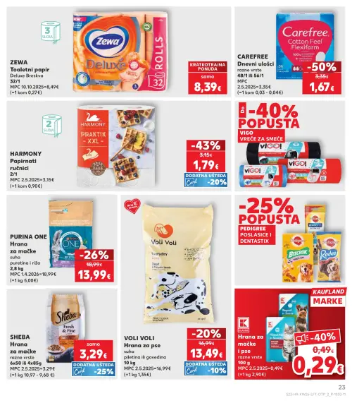 Kaufland katalog — stranica 23: Carefree Carefree Dnevni ulošci razne vrste 48/1 ili 56/1, Harmony HARMONY Papirnati ručnici 2/1, Pedigree PEDIGREE POSLASTICE I DENTASTIX, Purina ONE PURINA ONE Hrana za mačke suha puretina i riža 2,8 kg (vrijedi 24. 06. 2026.–30. 06. 2026.)