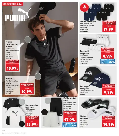 Kaufland katalog — stranica 28: PUMA Muške bokserice, PUMA Čarape ili stopalice, PUMA Muška funkcionalna majica kratki rukav, PUMA Šilt kapa (vrijedi 24. 06. 2026.–30. 06. 2026.)