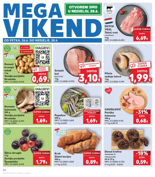Kaufland katalog — stranica 30: Pileća zadnja četvrt, Šljiva okrugla, Kruh Zlatni korijen, Domaća bukovača (vrijedi 24. 06. 2026.–30. 06. 2026.)