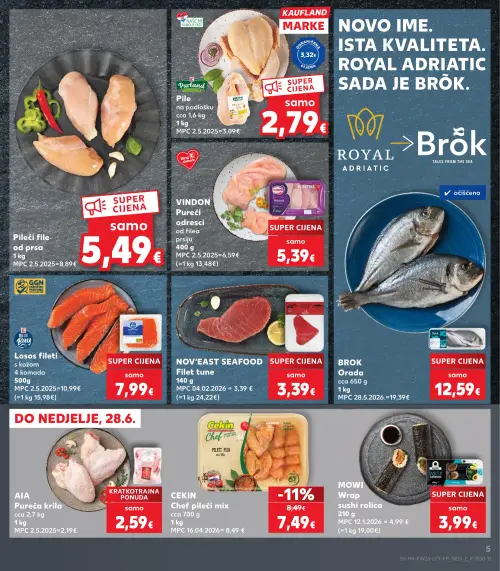 Kaufland katalog — stranica 5: CEKIN Chef pileći mix, Purland Pile na podlošku, Pileći file od prsa, VINDON VINDON Pureći odresci od filea prsiju (vrijedi 24. 06. 2026.–30. 06. 2026.)