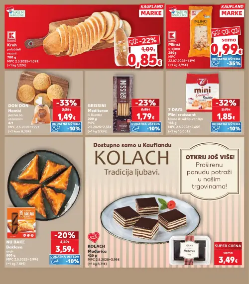 Kaufland katalog — stranica 7: DON DON Hambi pecivo sa sezamom, 7 DAYS Mini croissant kakao ili kakao-vanilija, GRISSINI Mediteran ili Rustika, Kaufland Kruh polubijeli rezani (vrijedi 24. 06. 2026.–30. 06. 2026.)