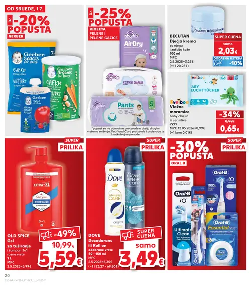 Kaufland katalog — stranica 20: OLD SPICE Gel za tuširanje i šampon 3u1 razne vrste, KUMBO Vlažne maramice baby classic ili sensitive, BECUTAN Dječja krema, DOVE Dezodorans ili Roll on odabrane vrste (vrijedi 01. 07. 2026.–07. 07. 2026.)