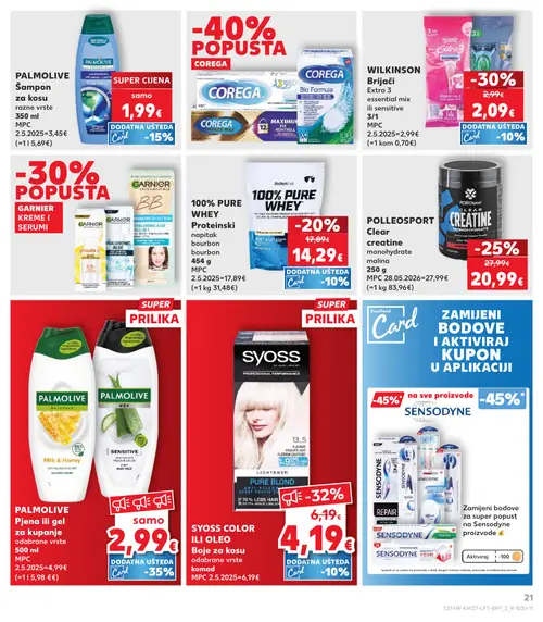 Kaufland katalog — stranica 21: SYOSS SYOSS COLOR ILI OLEO Boje za kosu, WILKINSON WILKINSON Brijači Extra 3, POLLEOSPORT POLLEOSPORT Clear creatine monohydrate, BIOTECH USA 100% PURE WHEY Proteinski napitak (vrijedi 01. 07. 2026.–07. 07. 2026.)