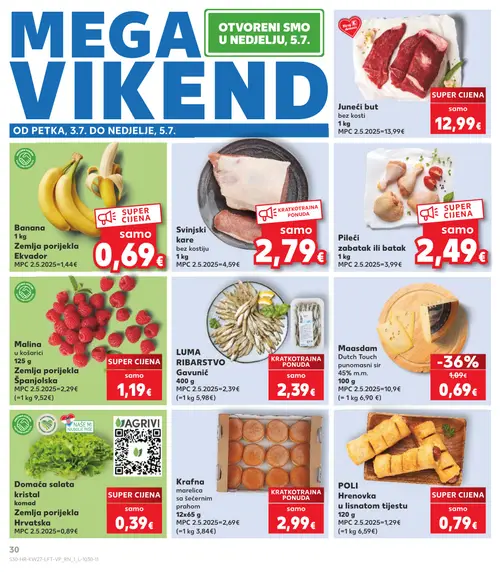 Kaufland katalog — stranica 30: Maasdam Dutch Touch punomasni sir 45% m.m., Juneći but bez kosti, Banana, Svinjski kare bez kostiju (vrijedi 01. 07. 2026.–07. 07. 2026.)