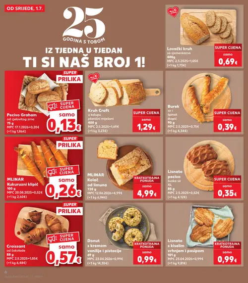Kaufland katalog — stranica 6: Lovački kruh sa sjemenkama, Pecivo Graham od cjelovitog zrna, Kruh Craft u kalupu pšenični miješani, Burek sir i špinat (vrijedi 01. 07. 2026.–07. 07. 2026.)