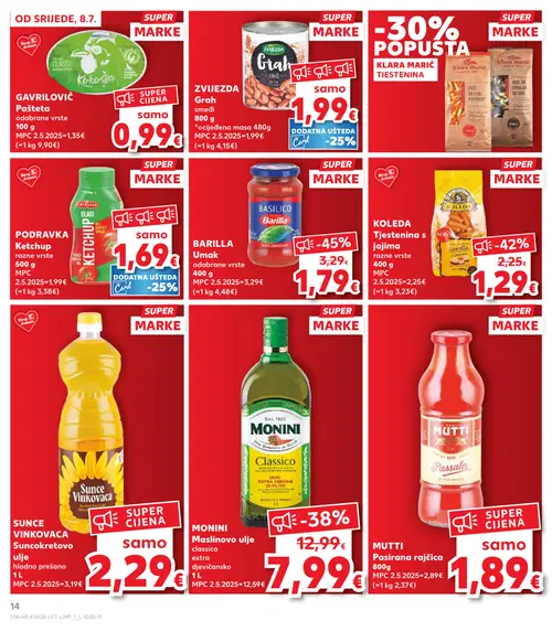 Kaufland katalog — stranica 14: BARILLA Umak odabrane vrste, KOLEDA Tjestenina s jajima razne vrste, MONINI Maslinovo ulje classico extra djevičansko, MUTTI Pasirana rajčica (vrijedi 08. 07. 2026.–14. 07. 2026.)