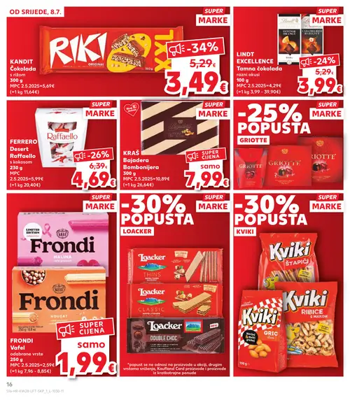Kaufland katalog — stranica 16: KANDIT KANDIT Čokolada s rižom, FERRERO Desért Raffaello s kokosom, LINDT EXCELLENCE Tamna čokolada (vrijedi 08. 07. 2026.–14. 07. 2026.)
