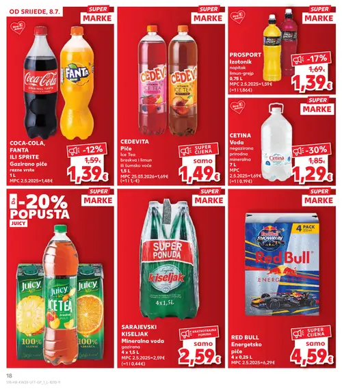 Kaufland katalog — stranica 18: Cetina Cetina Voda negazirana prirodna mineralna, Red Bull Red Bull Energetsko piće, Prosport Prosport Izotonik napitak limun-grejp, Coca-Cola, Fanta ili Sprite gazirano piće (vrijedi 08. 07. 2026.–14. 07. 2026.)