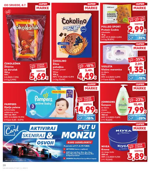 Kaufland katalog — stranica 20: VIOLETA Vlažne maramice, Čokolpešnik Žitarice za doručak, JOHNSONS Šampon za djecu classic ili kamilica, Čokolino Žitne pahuljice Protein power Whey (vrijedi 08. 07. 2026.–14. 07. 2026.)