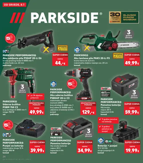 Kaufland katalog — stranica 24: PARKSIDE PARKSIDE PERFORMANCE® Aku sabljasta pila PSSAP 20-Li E6, PARKSIDE PARKSIDE® Aku lančana pila PAKS 20-Li F5, PARKSIDE PARKSIDE® Udarna bušilica PSBM 750 C3, PARKSIDE PARKSIDE PERFORMANCE® Aku udarna bušilica PSBSAP 20-Li C3 (vrijedi 08. 07. 2026.–14. 07. 2026.)