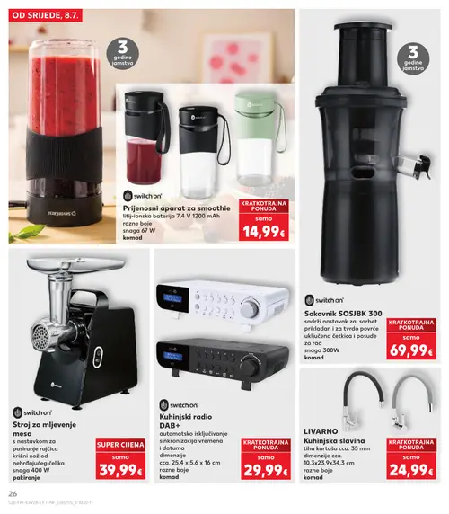 Kaufland katalog — stranica 26: switch on Prijenosni aparat za smoothie, switch on Sokovnik SOSJBK 300, switch on Stroj za mljevenje mesa, switch on Kuhinjski radio DAB+ (vrijedi 08. 07. 2026.–14. 07. 2026.)