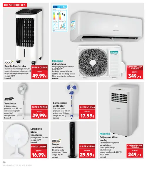 Kaufland katalog — stranica 28: JOCCA Rashlađivač zraka, Hisense Zidna klima, elit Ventilator, Samostojeći ventilator (vrijedi 08. 07. 2026.–14. 07. 2026.)