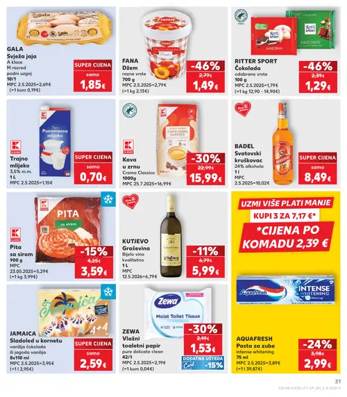 Kaufland katalog — stranica 31: FANA Džem razne vrste, RITTER SPORT Čokolada odabrane vrste, CLASSIC Trajno mlijeko 3,5% m.m., JAMAICA Sladoled u kornetu vanilija čokolada ili jagoda vanilija (vrijedi 08. 07. 2026.–14. 07. 2026.)