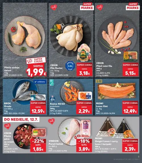 Kaufland katalog — stranica 5: CEKIN Pileća jetra sa srcem, VINDON Pureći batak, Pileća zadnja četvrt, CEKIN Pileći file (vrijedi 08. 07. 2026.–14. 07. 2026.)