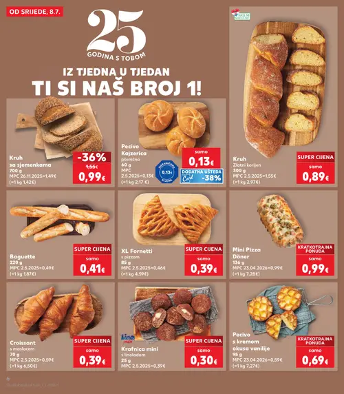 Kaufland katalog — stranica 6: Kruh sa sjemenkama, Pecivo Kajzerica, Kruh zlatni korijen, Baguette (vrijedi 08. 07. 2026.–14. 07. 2026.)