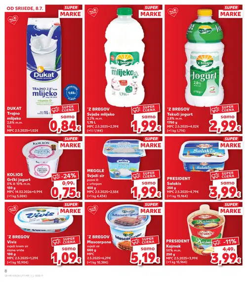 Kaufland katalog — stranica 8: PRESIDENT Kajmak 50% m.m., DUKAT TRAJNO mlijeko 2,8% m.m., Z BREGOV Svježe mlijeko 3,2% m.m., Z BREGOV Tekući jogurt 2,8% m.m. (vrijedi 08. 07. 2026.–14. 07. 2026.)