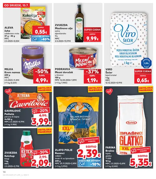 Kaufland katalog — stranica 14: MILKA Krem namaz, PODRAVKA Mesni doručak, ZVIJEZDA Ketchup, GAVRILOVIĆ Pašteta (vrijedi 15. 07. 2026.–21. 07. 2026.)