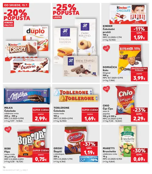 Kaufland katalog — stranica 16: Griski Griski Štapići, Maretti Maretti Bruschette, Kinder Kinder Čokoladni prutići, KRAŠ Domaćica Keks Original (vrijedi 15. 07. 2026.–21. 07. 2026.)