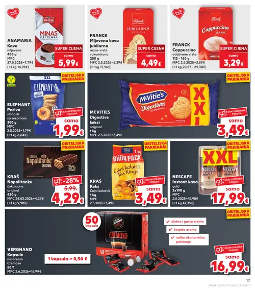Kaufland katalog — stranica 17: KRAŠ Napolitanke čokoladne original, ANAMARIA MLJEVENA KAVA MINAS ORIGINAL, FRANCK Mljevena kava jubilarna, FRANCK Cappuccino classic (vrijedi 15. 07. 2026.–21. 07. 2026.)