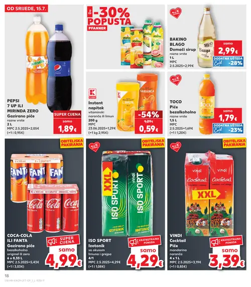 Kaufland katalog — stranica 18: Instant napitak vitaminski naranača ili limun, PEPSI, 7 UP ILI MIRINDA ZERO Gazirano piće, BAKINO BLAGO Domaći sirup, TOCO Piće bezalkoholno (vrijedi 15. 07. 2026.–21. 07. 2026.)