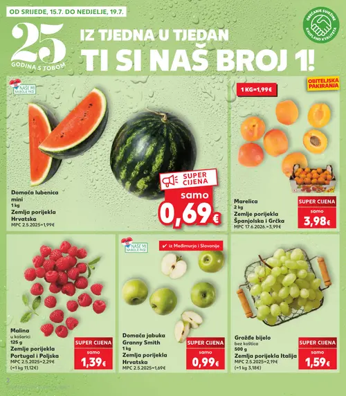 Kaufland katalog — stranica 2: Domaća lubenica mini, Marelica, Malina u košarici, Domaća jabuka Granny Smith (vrijedi 15. 07. 2026.–21. 07. 2026.)