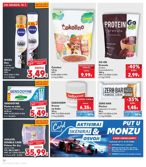 Kaufland katalog — stranica 20: GO ON Granola protein brownie & cherry, ZERO BAR ZERO BAR Pločica cappucino ili cookie, NIVEA NIVEA Deo u spreju razne vrste, Čokolino (vrijedi 15. 07. 2026.–21. 07. 2026.)