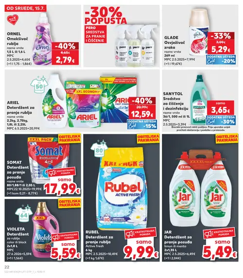 Kaufland katalog — stranica 22: Ornel Ornel Omekšivač rublja, ARIEL Ariel Deterdžent za pranje rublja, Glade Glade Osvježivač zraka, pero Sredstva za pranje i čišćenje (vrijedi 15. 07. 2026.–21. 07. 2026.)