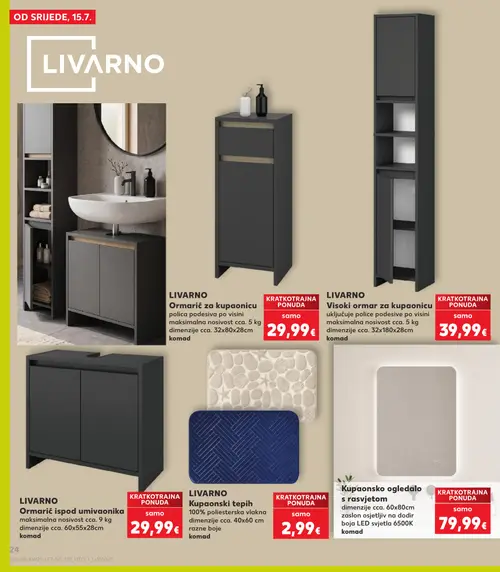 Kaufland katalog — stranica 24: LIVARNO Ormarić za kupaonicu, LIVARNO Visoki ormar za kupaonicu, LIVARNO Ormarić ispod umivaonika, LIVARNO Kupaonski tepih (vrijedi 15. 07. 2026.–21. 07. 2026.)