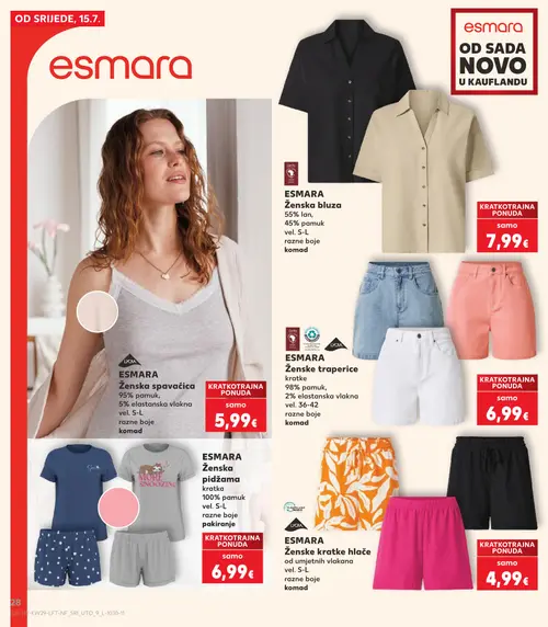 Kaufland katalog — stranica 28: ESMARA ESMARA Ženska bluza, ESMARA ESMARA Ženska spavaćica, ESMARA ESMARA Ženske traperice kratke, ESMARA ESMARA Ženska pidžama kratka (vrijedi 15. 07. 2026.–21. 07. 2026.)
