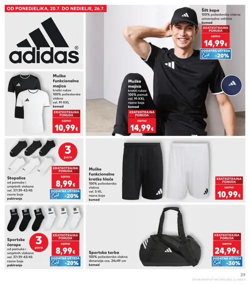 Kaufland katalog — stranica 29: adidas Sportska torba, adidas Muške funkcionalne kratke hlače, adidas Stopalice od pamuka i umjetnih vlakana, adidas Sportske čarape od pamuka i umjetnih vlakana (vrijedi 15. 07. 2026.–21. 07. 2026.)