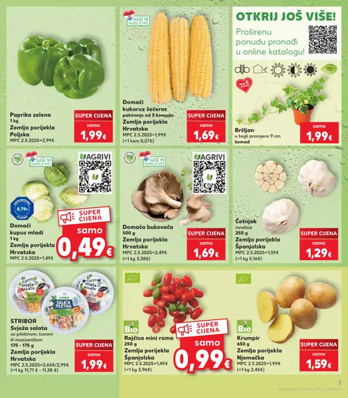 Kaufland katalog — stranica 3: Paprika zelena 1 kg, Domaći kukuruz šećerac pakiranje od 3 komada, Bršljan u tegli promjera 9 cm, Domaći kupus mladi 1 kg (vrijedi 15. 07. 2026.–21. 07. 2026.)