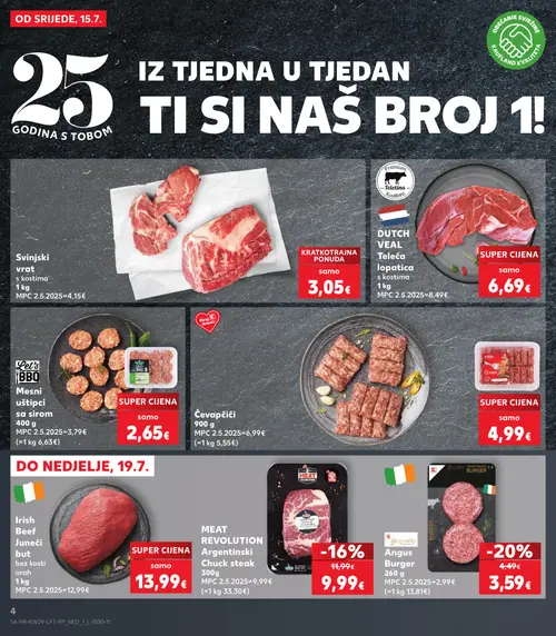 Kaufland katalog — stranica 4: Mesni uštipci sa sirom, Ćevapčići, DUTCH VEAL Teleća lopatica s kostima, Kaufland Angus Burger (vrijedi 15. 07. 2026.–21. 07. 2026.)