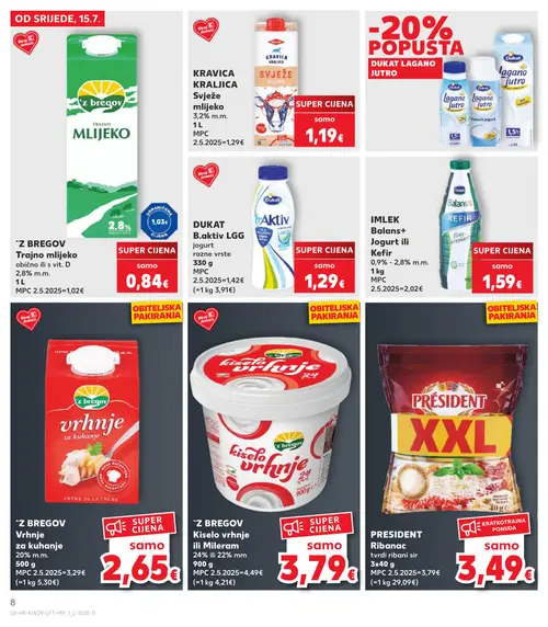 Kaufland katalog — stranica 8: IMLEK Balans+ Jogurt ili Kefir, z bregov Vrhnje za kuhanje, z bregov Trajno mlijeko, z bregov Kiselo vrhnje ili Mileram (vrijedi 15. 07. 2026.–21. 07. 2026.)