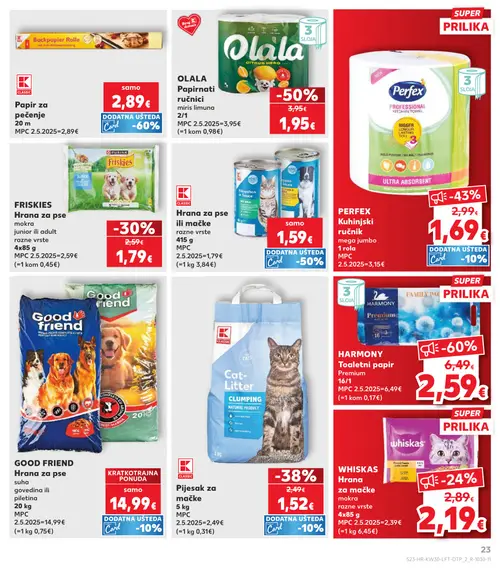 Kaufland katalog — stranica 23: HARMONY Toaletni papir Premium, OLALA Papirnati ručnici miris limuna, PERFEX Kuhinjski ručnik mega jumbo, K Classic Pijesak za mačke (vrijedi 22. 07. 2026.–28. 07. 2026.)