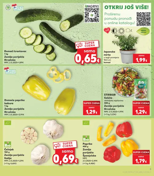Kaufland katalog — stranica 3: Domaći krastavac, Japanska mirta, Domaća paprika babura, STRIBOR Salata obiteljska mješavina (vrijedi 22. 07. 2026.–28. 07. 2026.)